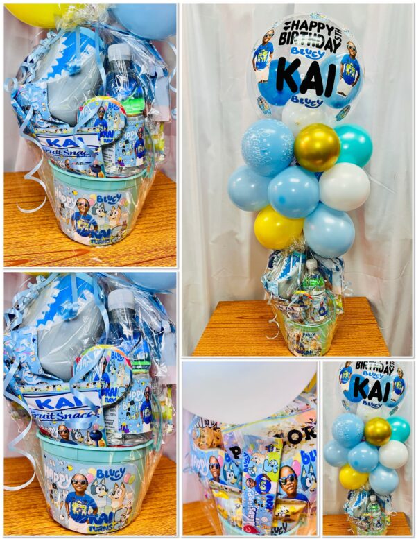 Fully Personalized Bucket/Gift Box/Gift Basket - (with Personalized Bubble Balloon Bouquet)