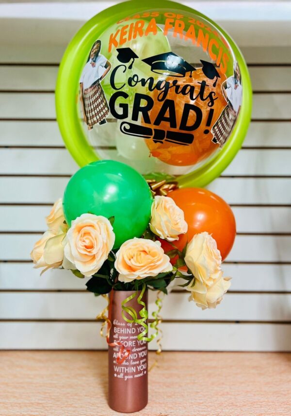 Graduation Personalized Floral Bubble Balloon Arrangement In Stainless Steel Tumbler