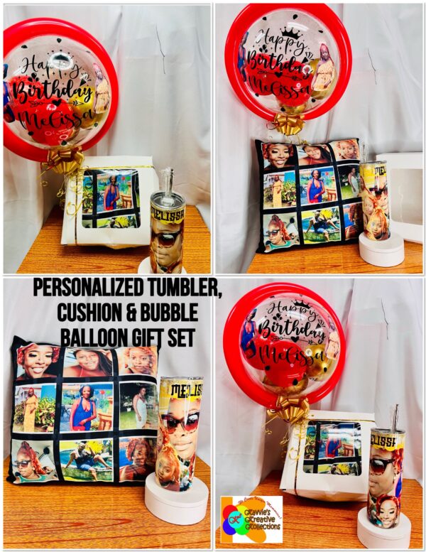 Personalized Tumbler, Cushion & Bubble Balloon Gift Set